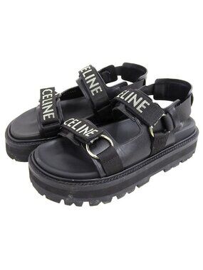 Celine Leather Fabric Sandals Bulky Shoes Black 38.5